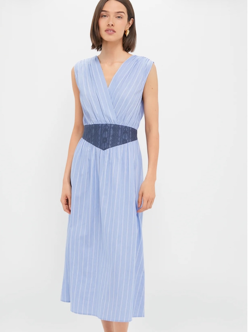 Sleeveless V-Neck Blue Stripe Dress with Navy Lace Waist Panel